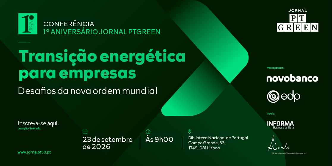 Banner promovendo a conferência 1º aniversário do Jornal PTGreen: 'Transição energética para empresas', 23 de setembro de 2026, às 9h00, Lisboa (Biblioteca Nacional de Portugal).