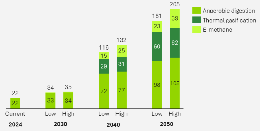 Stacked column chart showing projections from 2024 to 2050 for three technologies: anaerobic digestion (bright green), thermal gasification (dark green), and e-methane (lime). Each year shows Low and High scenarios with increasing totals toward 2050, and a larger anaerobic digestion share in later years.