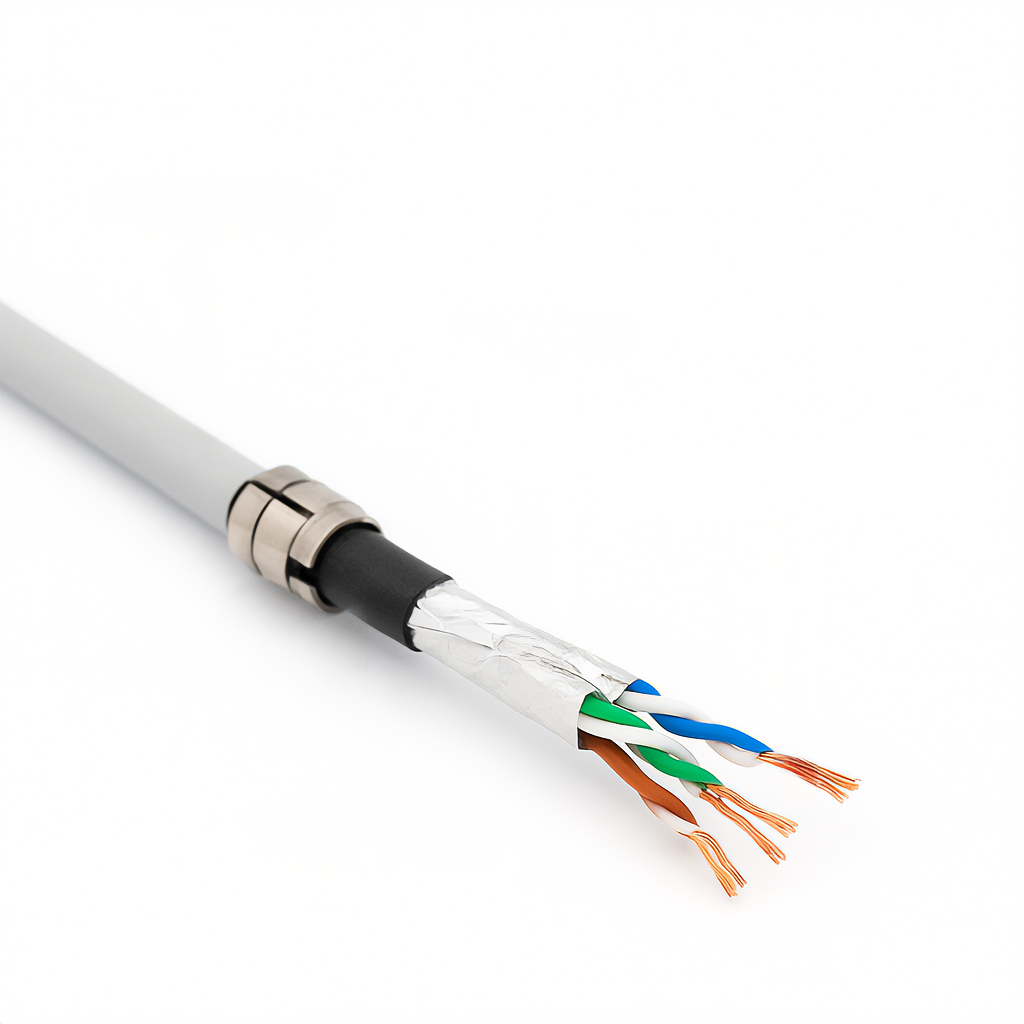 Cut Ethernet/network cable exposing four color-coded twisted pairs (blue, green, orange, brown) with shielding foil