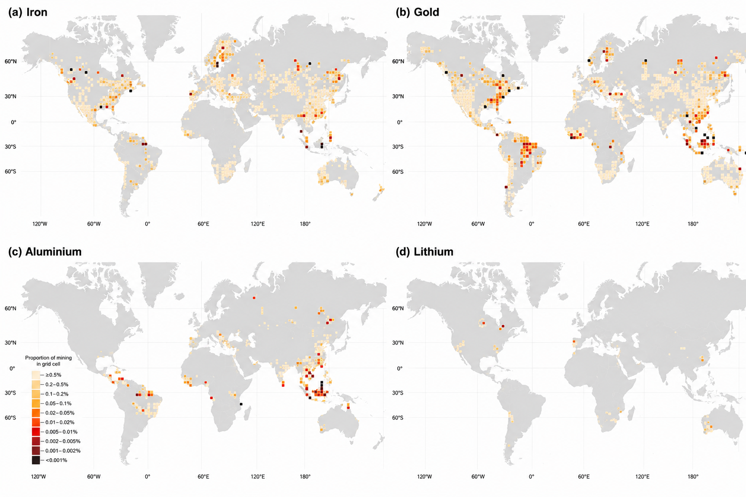 Panel of four world maps (Iron, Gold, Aluminium, Lithium) showing geographic distribution of mining activity by grid cell; darker colors indicate higher proportion of mining in each cell.