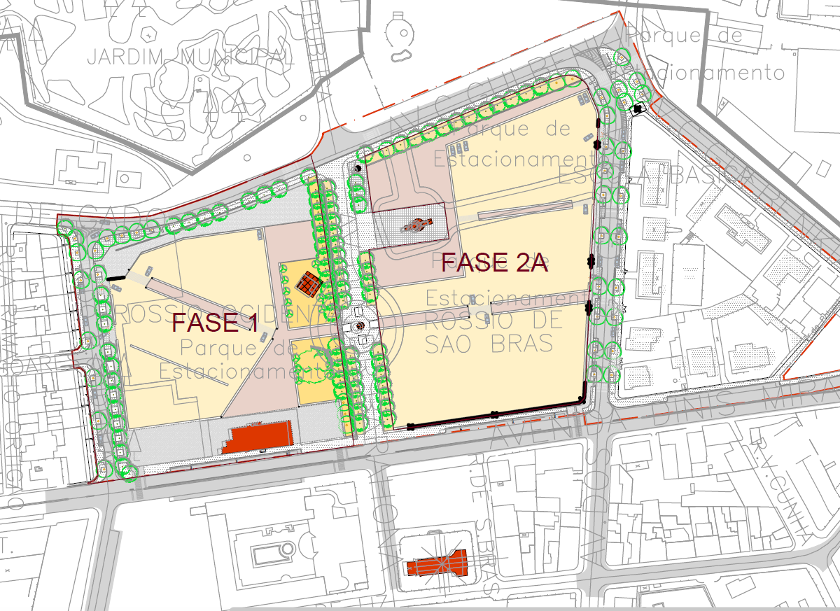 Schematic site plan showing Phase 1 and Phase 2A areas for a park and parking development, with surrounding roads and trees.