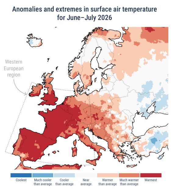 Map of Europe showing June–July 2026 surface air temperature anomalies; dark red areas indicate much warmer than average, blue areas cooler, with Western Europe particularly warm.
