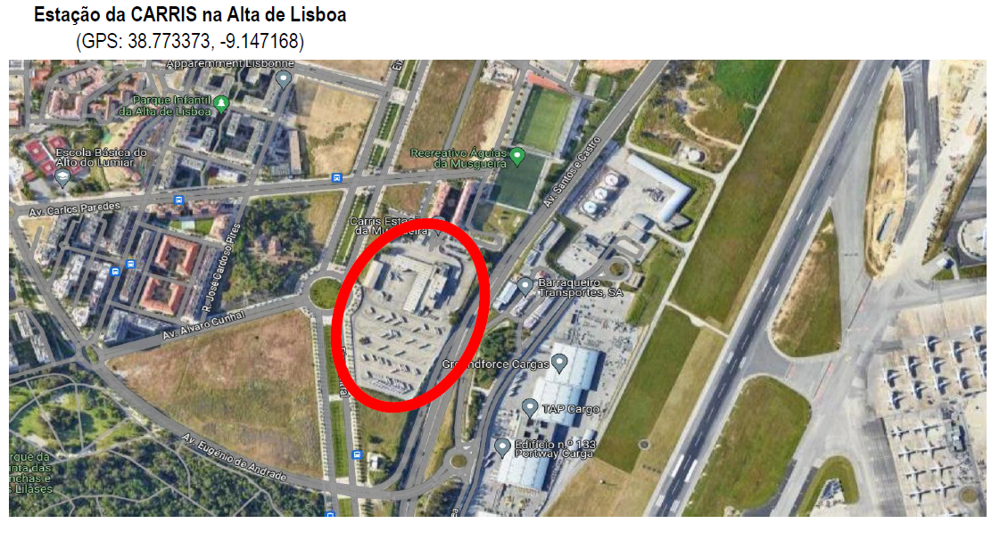 Aerial map showing the CARRIS station at Alta de Lisboa, with the building circled in red.