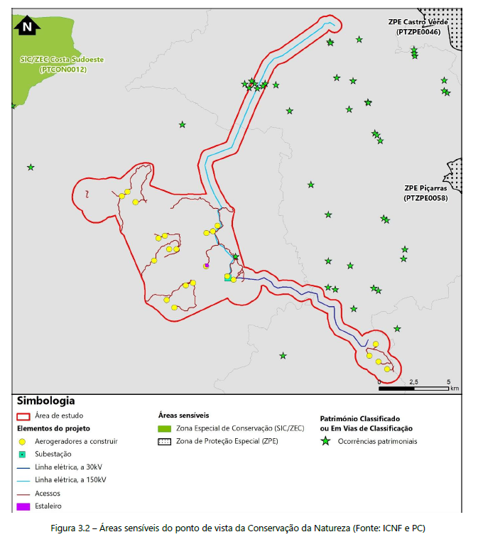 Mapa de áreas sensíveis de conservação com linhas elétricas, subestações, acessos e aerogeradores propostos dentro da área de estudo demarcada em vermelho.